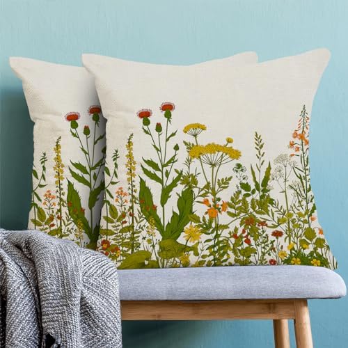 AEIOAE Yellow and Green Pillow Covers 20x20 Inch Set of 2, Spring Wildflower - Image 2