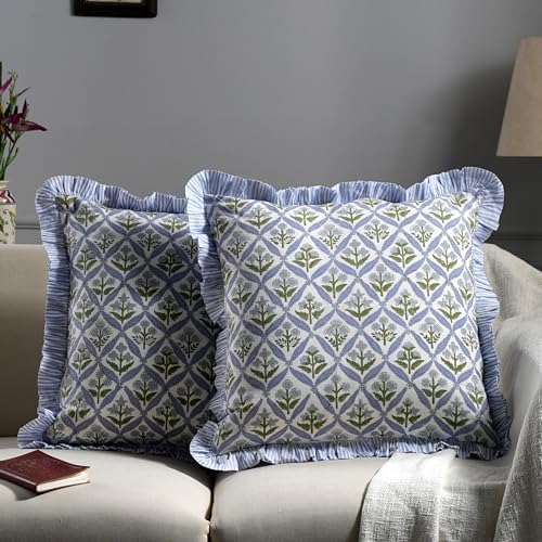 Ridhi Block Print Light Steel Blue Throw Pillow Cover 16" x 16" Decorative - Image 2