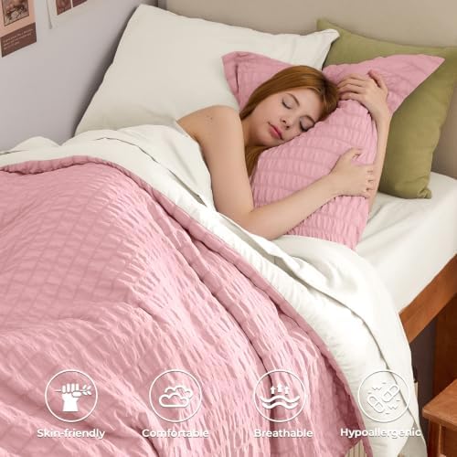 HYMOKEGE Pink/Ivory Twin Comforter Set Seersucker 5 Pieces, All Season Luxury - Image 2