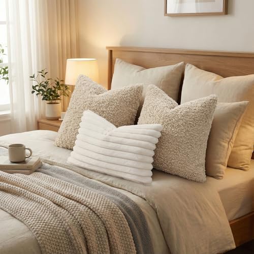 decorUhome Sherpa Throw Pillow Covers 26x26 Set of 2 Neutral Oatmeal - Image 7