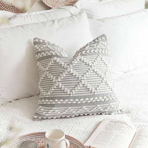 BlissBlush Gray White Decorative Throw Pillow Cover 22X22, Boho Accent Pillow - Image 5