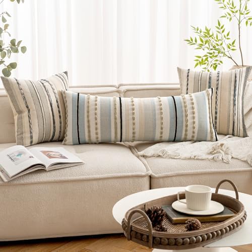 ANRODUO Boho Decorative Pillow Covers 14x36 Light Blue Stripe Pack of 1 - Image 2
