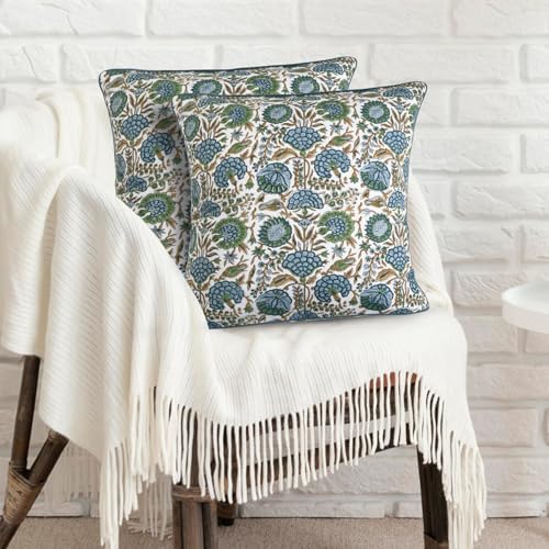 Ridhi Block Print Asparagus Green Pillow Cover 18" x 18" Decorative Couch - Image 2