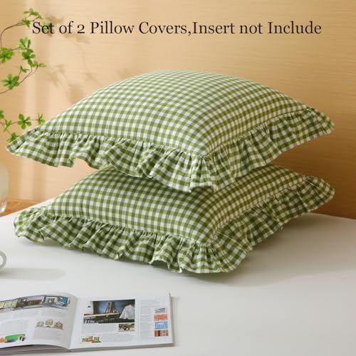 Silnuo Olive Green/White Gingham Plaid Ruffle Throw Pillow Covers 20"x20" - Image 3