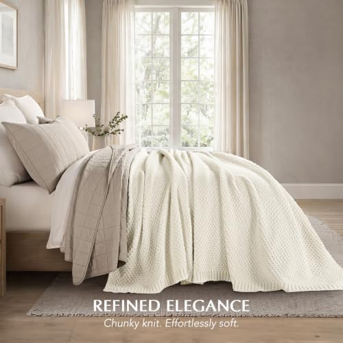 EVERGRACEHOME Chunky Chenille Knit Throw Blanket, Ivory White - Image 3