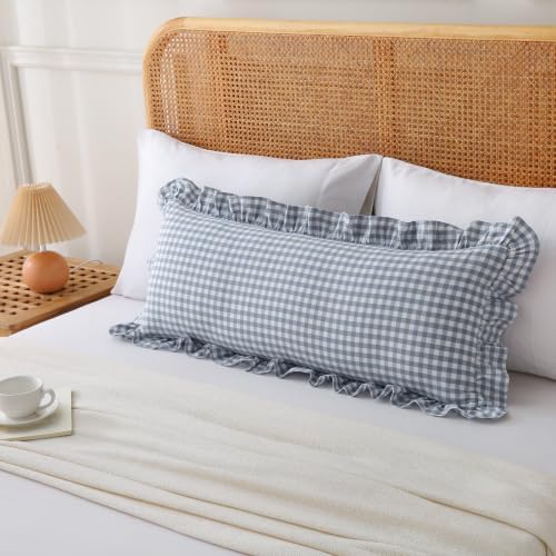 Gingham Lumbar Pillow Cover 36x14, Dusty Blue, Ruffle Trim, 1 Pack - Image 2