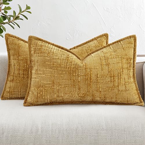 decorUhome Chenille Fall Throw Pillow Covers 12x20 Set of 2, Mustard Yellow by decorUhome