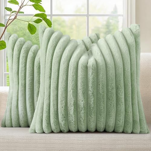 decorUhome Fall Faux Fur Throw Pillow Covers 16x16 Set of 2 Sage Green by decorUhome