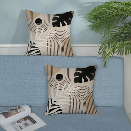 Boho Black Pillow Covers 18x18 Inch Set of 2 Black BeigeTropical Leaf Decor Mid - Image 4