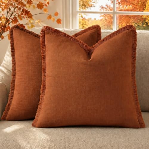 decorUhome Linen Fringe Light Rust Throw Pillow Covers 26x26 Set of 2 by decorUhome