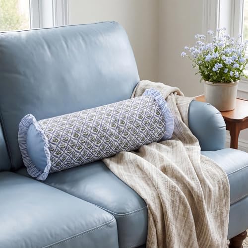 Ruffle Bolster Pillow Cover 8" x 20" Blue Block Print - Image 6
