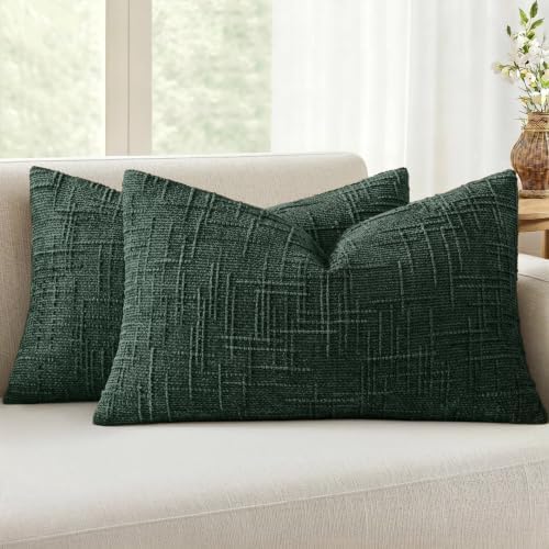MIULEE Chenille Textured Lumbar Throw Pillow Covers Dark Green 12x20 by MIULEE