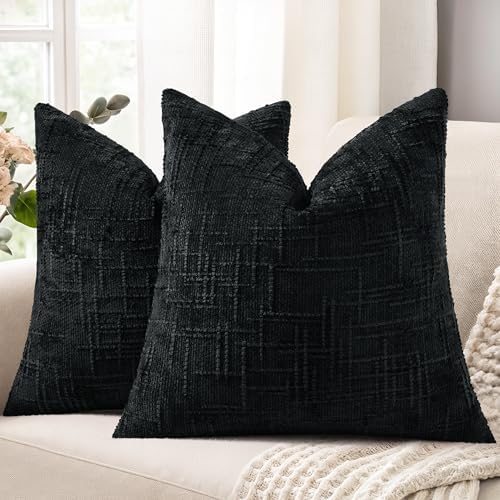 decorUhome Textured Chenille Throw Pillow Covers 26x26 Set of 2 Black by decorUhome