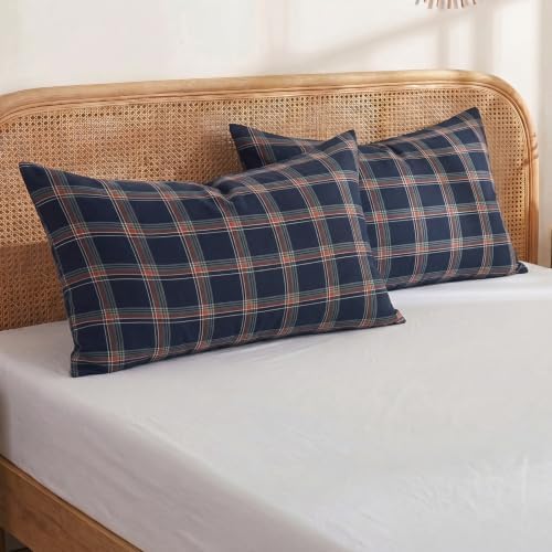 Merryword 100% Cotton Pillow Cases, King Size, Washed Cotton Deep Navy Plaid - Image 3