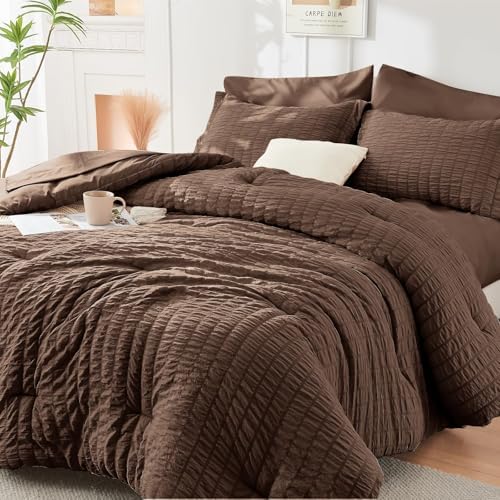 HYMOKEGE Dark Brown King Size Comforter Set Seersucker 7 Pieces, All Season by HYMOKEGE