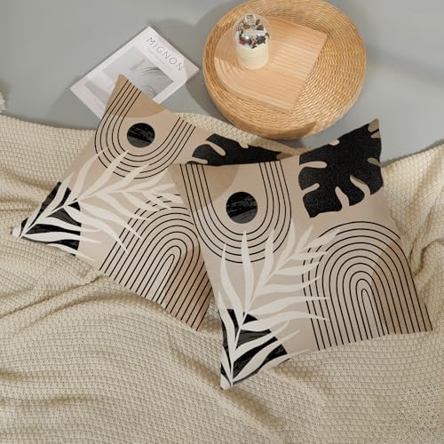 Boho Black Pillow Covers 18x18 Inch Set of 2 Black BeigeTropical Leaf Decor Mid - Image 6