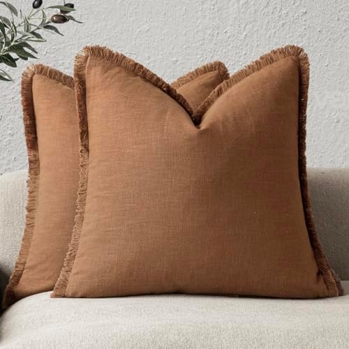 Foindtower Decorative Linen Fringe Throw Pillow Covers 22×22 Orange Brown by Foindtower