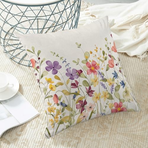 AEIOAE Spring Pillow Covers 16x16 Inch Set of 2, Colorful Wild Flower Leaves - Image 4