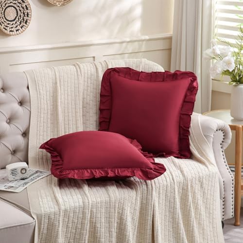 Merryword Burgundy Pillowcases 18x18 Cute Throw Pillow Covers Pack of 2 Ruffle - Image 2
