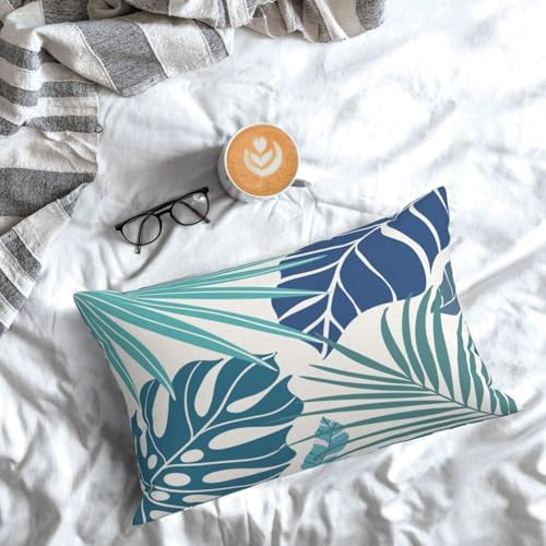 Tropical Pillow Covers 12x20 Set of 2 Navy Blue Aqua Teal Monstera Palm Leaf - Image 4