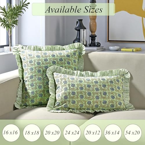 Ridhi Apple Green Block Print Ruffle Pillow Covers 18x18 Inch Set of 2 - Image 4