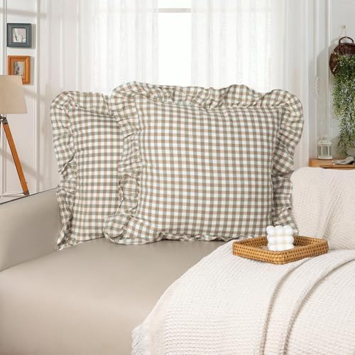 JoraLion Ruffled Throw Pillow Cover 18x18 Gingham Green by JoraLion