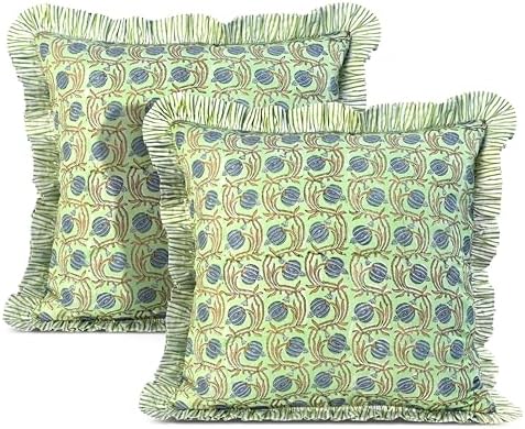 Ridhi Apple Green Block Print Ruffle Pillow Covers 18x18 Inch Set of 2 by Ridhi