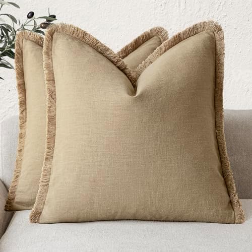 Foindtower Decorative Linen Fringe Throw Pillow Covers 24×24 Light Khaki by Foindtower