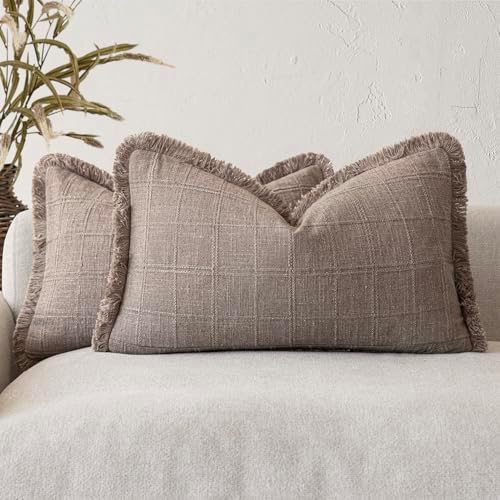 Foindtower Set of 2 Decorative Linen Check Fringe Throw Pillow Covers Farmhouse by Foindtower