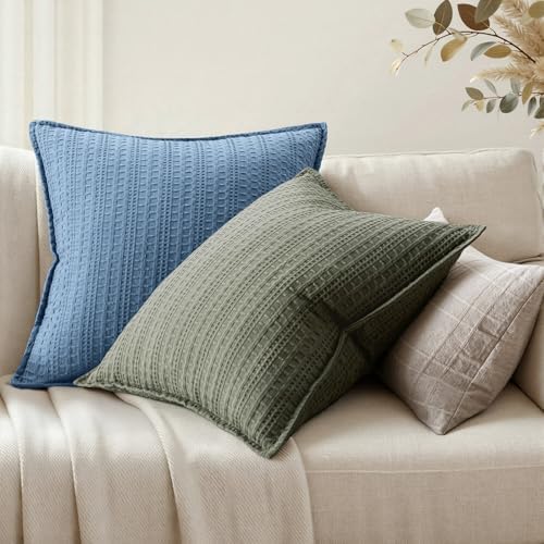 Decorative Waffle Throw Pillow Covers 18x18 Blue 2 Pack - Image 2
