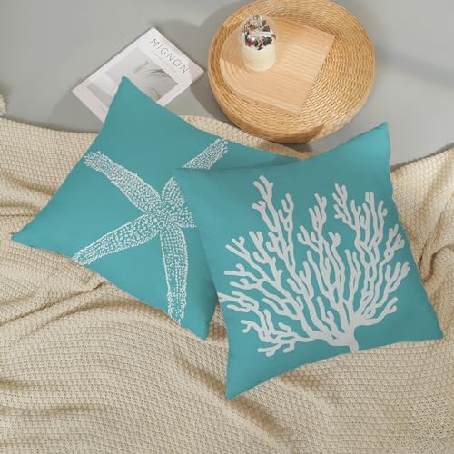 Coastal Pillow Covers 20x20 Set of 2 Aqua Teal Turquoise Coral Starfish Throw - Image 5