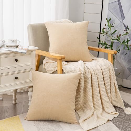 GAWAMAY Beige Chenille Throw Pillow Covers 22x22 Set of 2 - Image 3