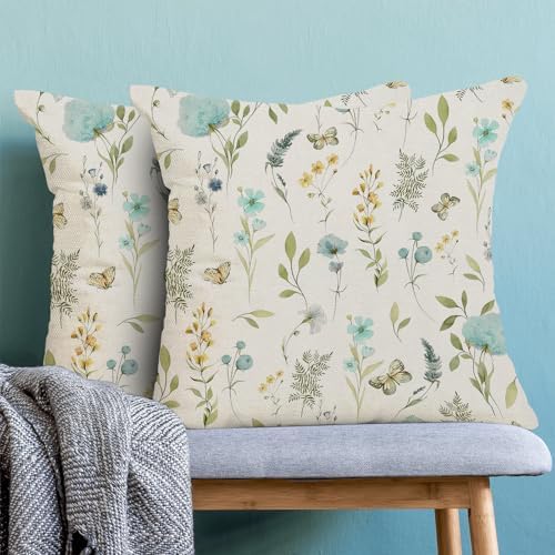 Spring Pillow Covers 16x16 Inch Set of 2, Aqua Teal Sage Green Wild Flower - Image 2