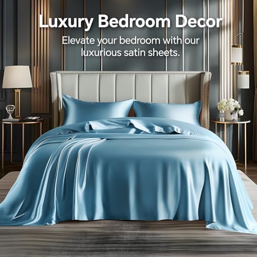 BEDELITE Satin Sheets Full Size Bed Set, Airy Blue, 4 Pieces - Image 2