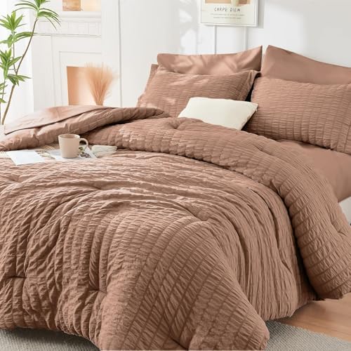 HYMOKEGE Mocha Brown Queen Comforter Set Seersucker 7 Pieces, All Season Luxury by HYMOKEGE