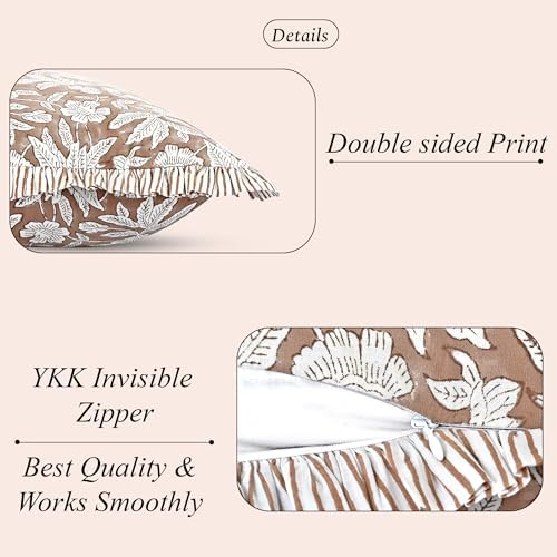 Ridhi Oak Brown Block Print Ruffle Pillow Covers 24x24 Inch Set of 2 - Image 2