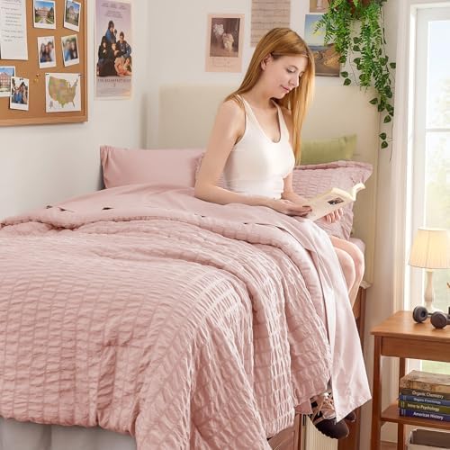 HYMOKEGE Rose Gold Twin Comforter Set Seersucker 5 Pieces, All Season Luxury - Image 3