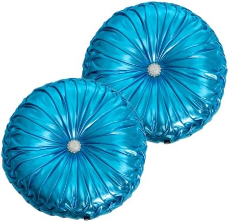 HIG Set of 2 Blue Metallic Leather Decorative Round Pleated Throw Pillows - Image 2