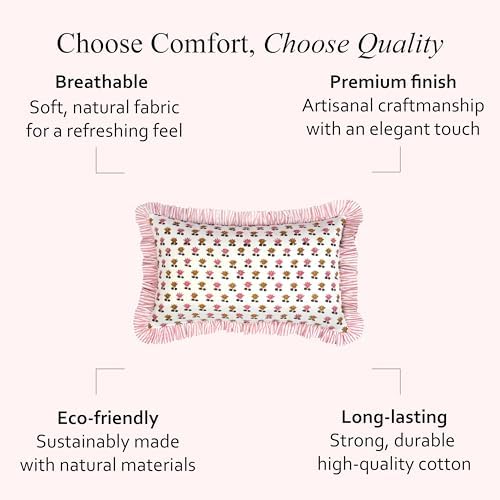 CPC Block Print Rosette Bloom Ruffle Cotton Lumbar Pillow Cover 12x20 inch - Image 5