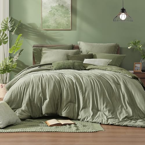 Monbix Queen Comforter Set Sage Green 7 Pieces Cationic Dyeing Bed in a Bag by Monbix