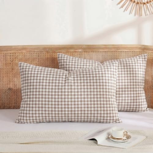 Merryword 100% Cotton Pillow Cases, King Size, Taupe Gingham Pillowcases by Merryword