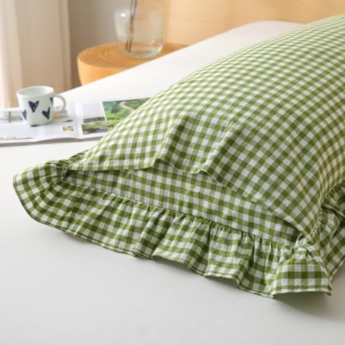 Silnuo Olive Green/White Gingham Ruffled Body Pillow Cover 20"x54" - Image 4