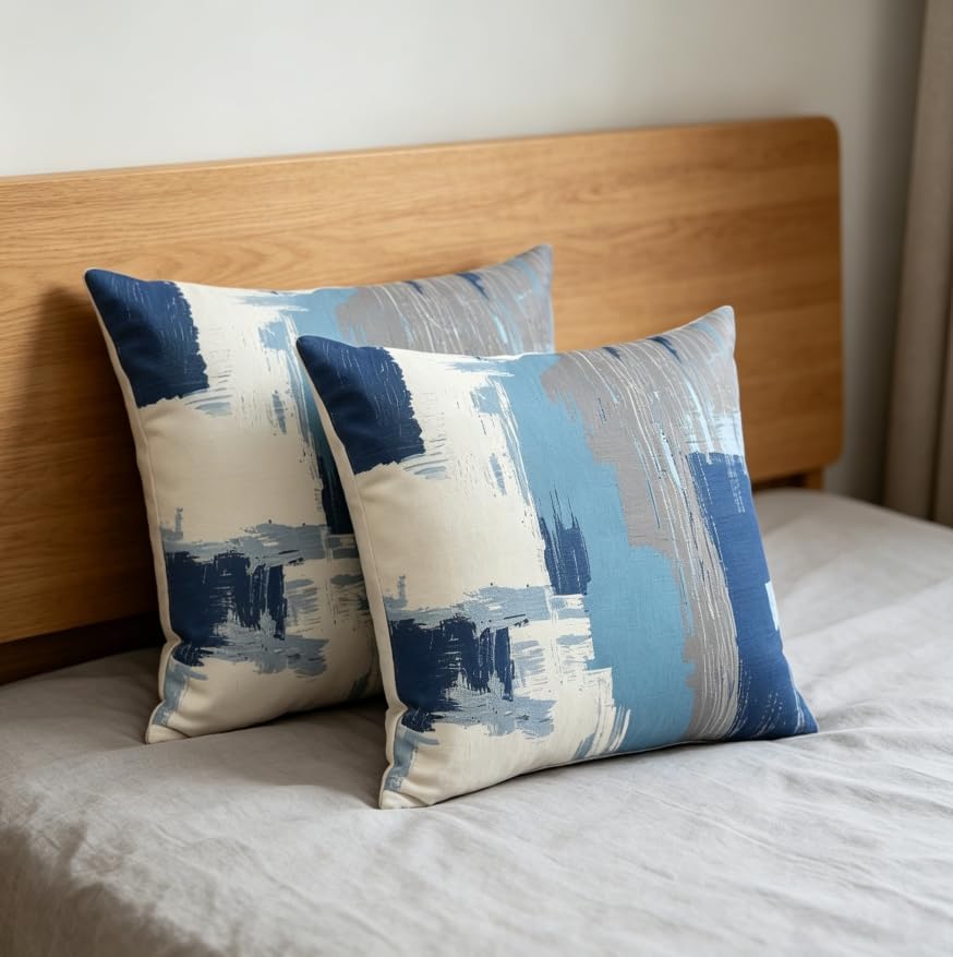 Abstract Blue Grey Throw Pillow Covers 18x18 Set of 2, Linen Cushion Cases - Image 3
