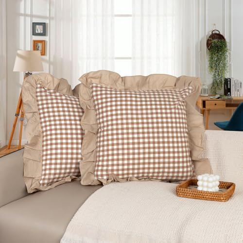 JoraLion Ruffled Throw Pillow Cover 18x18 Gingham Khaki Solid Edge by JoraLion