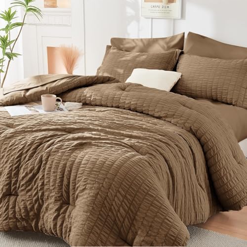 HYMOKEGE Brown California King Comforter Set Seersucker 7 Pieces, All Season by HYMOKEGE
