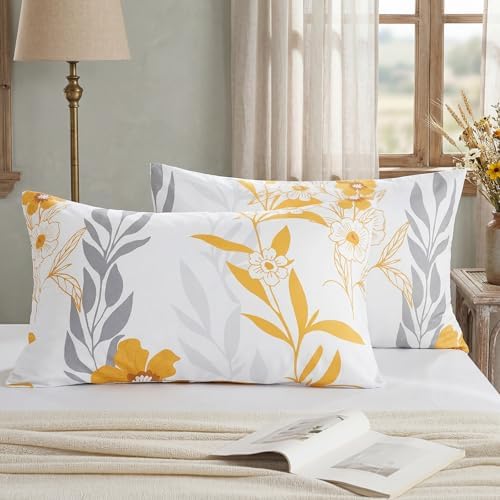 Bedorm 100% Cotton Pillowcases King Size Set of 2 Yellow Floral Pillow Covers - Image 7