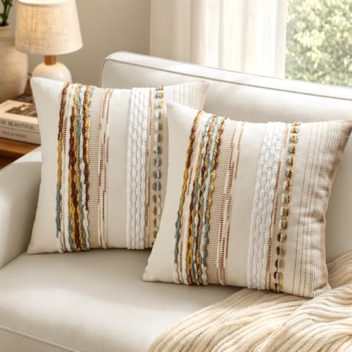 ANRODUO Decorative Boho Pillow Covers Orange White 20x20 Inch Pack of 2 - Image 3