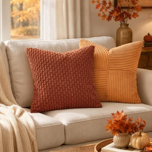 MIULEE Fall Decorative Throw Pillow Covers 26x26 Rust Textured Corduroy - Image 2