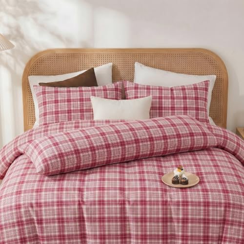 Merryword 100% Cotton Body Pillow Cover, 20 x 54, Washed Cotton Dusty Red Plaid - Image 4