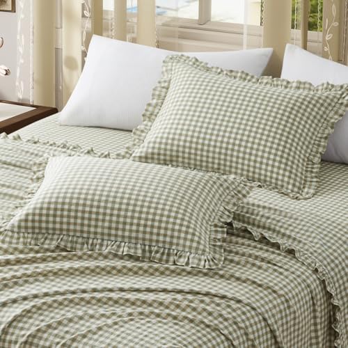 KKJIAF 2 Pcs Plaid Ruffle Pillow Case Standard Size, Sage Green Plaid - Image 4
